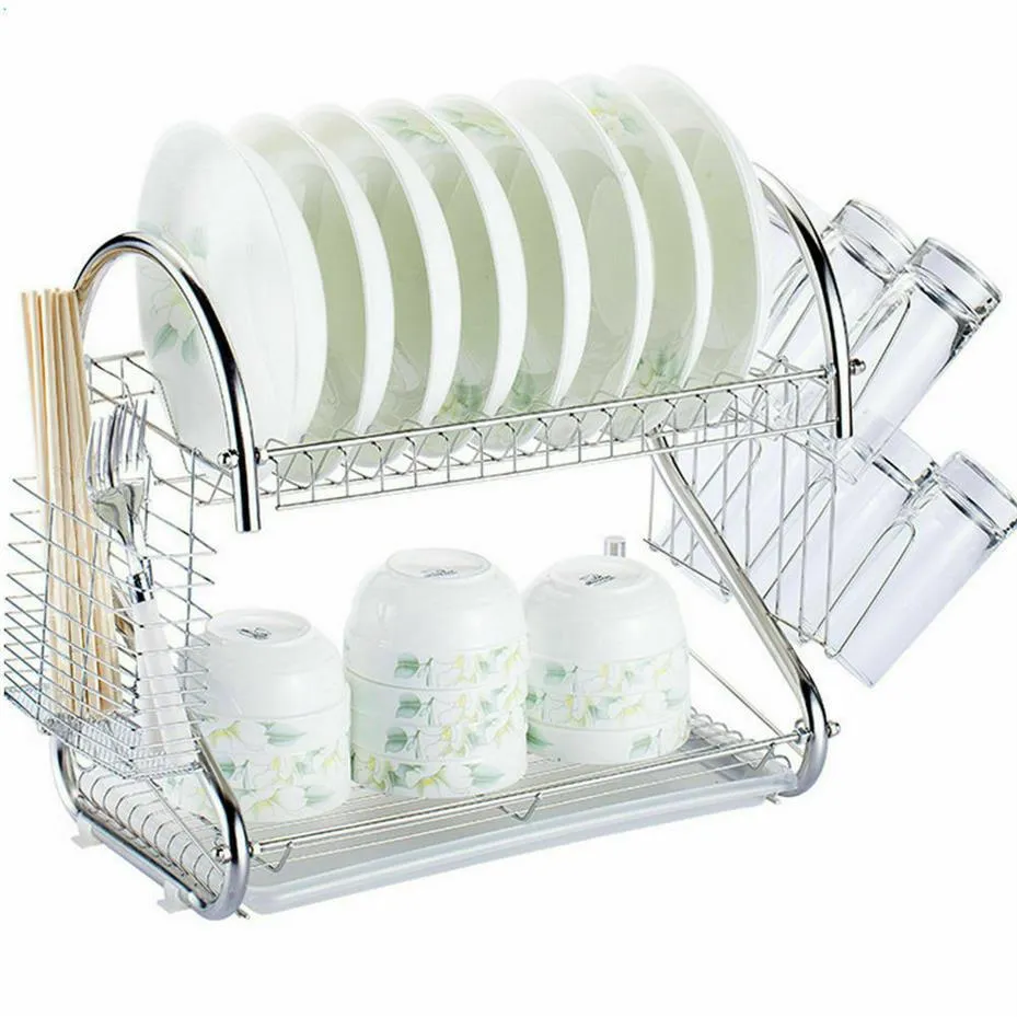2-Tier Multi-function Stainless Steel Dish Drying Rack Cup Drainer Strainer247l