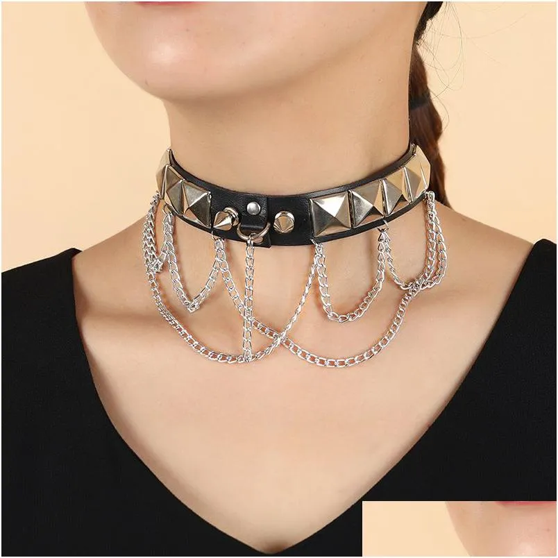 Gargantillas Cadenas Gótico Chocker Hip Hop Rock Y Negro Remaches de cuero de imitación Collar Mujeres Adolescentes Niñas Joyería de moda Regalos Accesorios Dr DHMT7