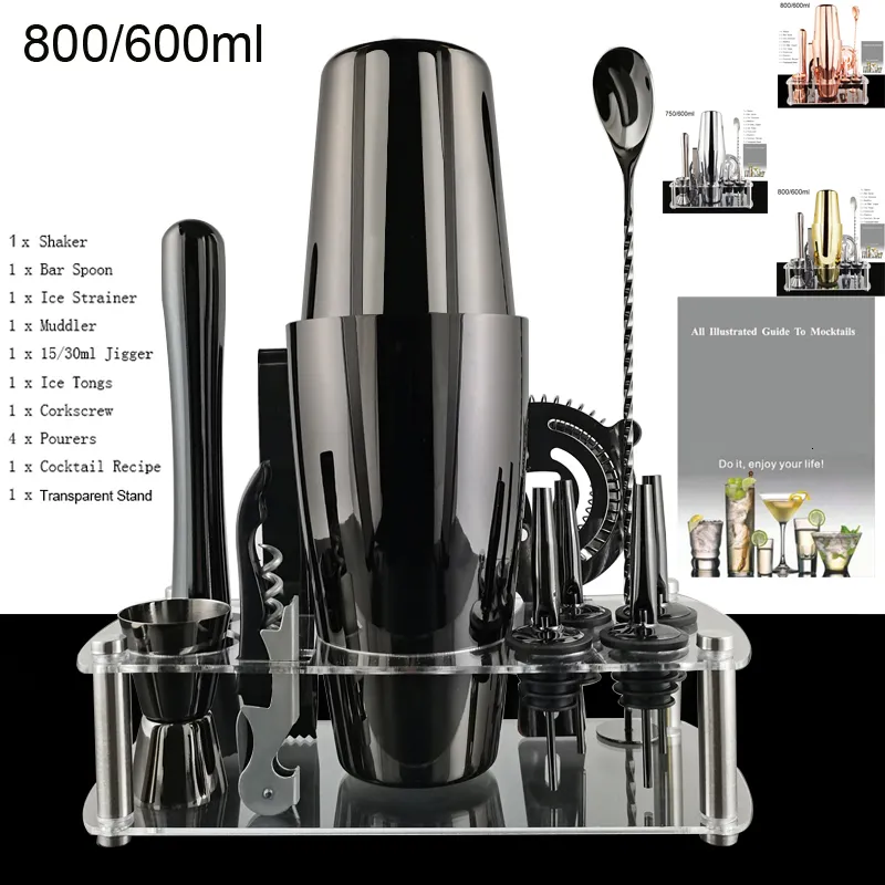 Wine Glasses 12pcs Black/Rose Gold 800/750/600ml Boston Shakers Bartender Kit Cocktail Shaker Set Bar Mixer Tools With Stand Cocktail Recipe 230831