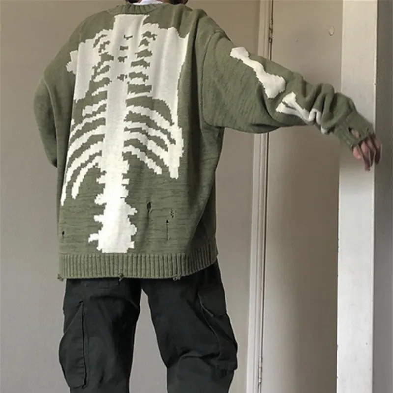 Menströjor Kapital Kountry Skull Knitting Ströja Män kvinnor Ghost Skeleton Grafisk vintage förstörde Green Hole Pullovers 230830