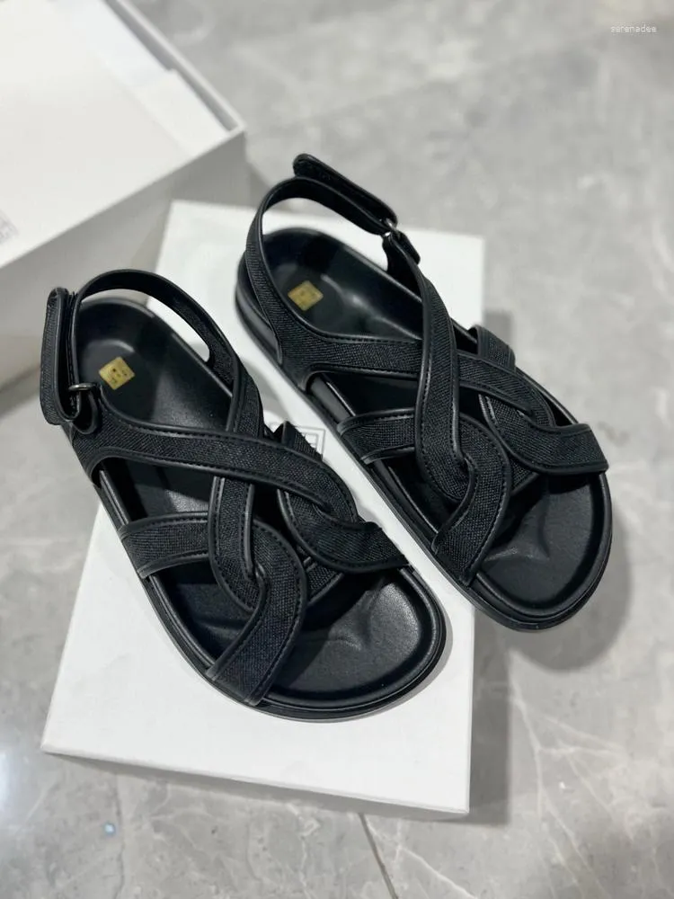 Sandali 2023 estate T0tem scarpe da spiaggia in tela di lino nero da donna moda nordica design con gancio ad anello casual per donna