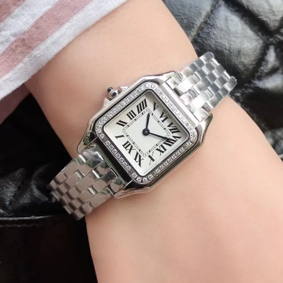 Yüksek kaliteli paslanmaz çelik kuvars boyut 22mm ve 27mm bayanlar zarif asil elmas saatinden yapılmış tasarımcı moda