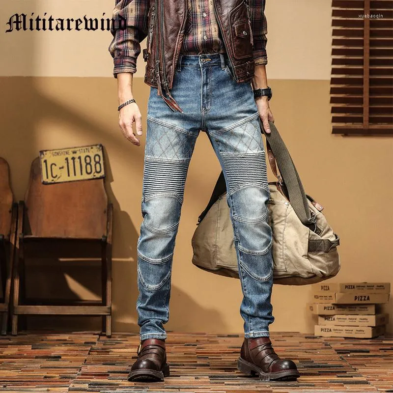 Jeans da uomo Pantaloni denim Vintage MotoBiker Stretch High Street Slim Retro Blu ginocchio pieghettato Versatile Hip Hop a tutta lunghezza Gioventù