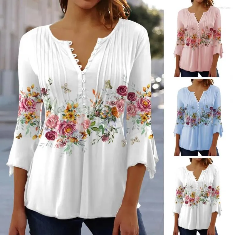 Kvinnors blusar Sweet Summer Spring Shirt Slim Fit Dress-up Button Floral Printing Lady Top