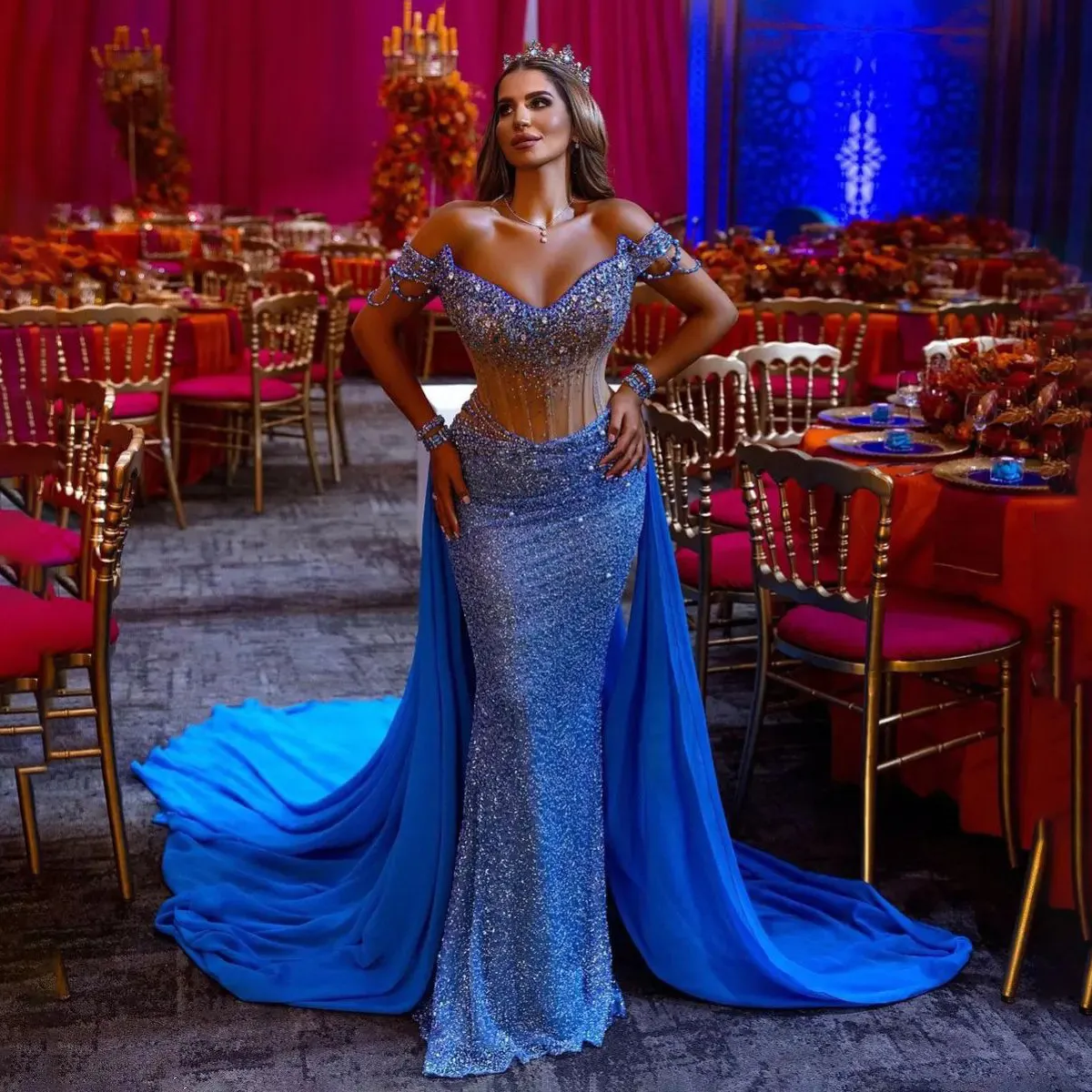 Robe de soirée sirène scintillante à la mode, sexy, bleu brillant, perles, tunique de bal, diamants, balayage train, robes d'occasion spéciale, personnalisées D-L23144