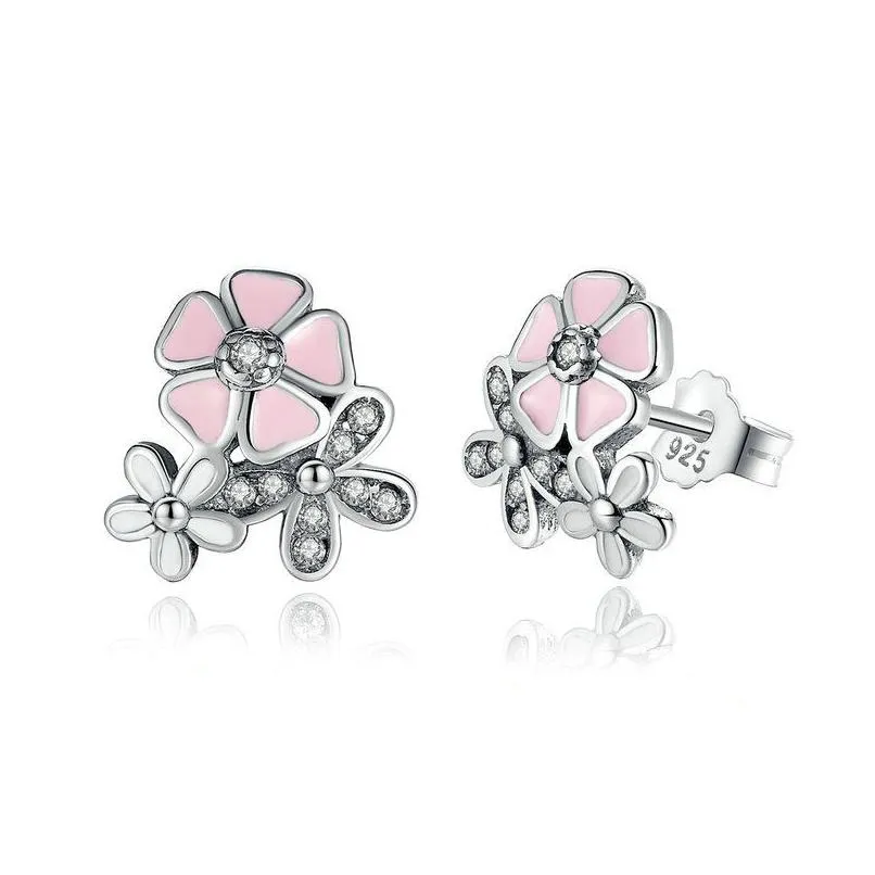 Stud Luxury 925 Sterling Sier Şiirsel Daisy Kiraz Blossom Damla Küpeler Açık Pembe Çiçek Kadın Nişan Çıtçıtları Moda Delive Dhypm için