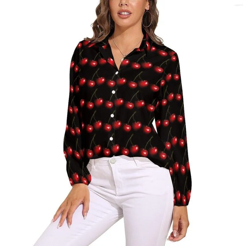 Blusas femininas vermelho doce cereja blusa de manga longa fruta natural elegante estilo rua camisa oversize gráfico topo presente de aniversário