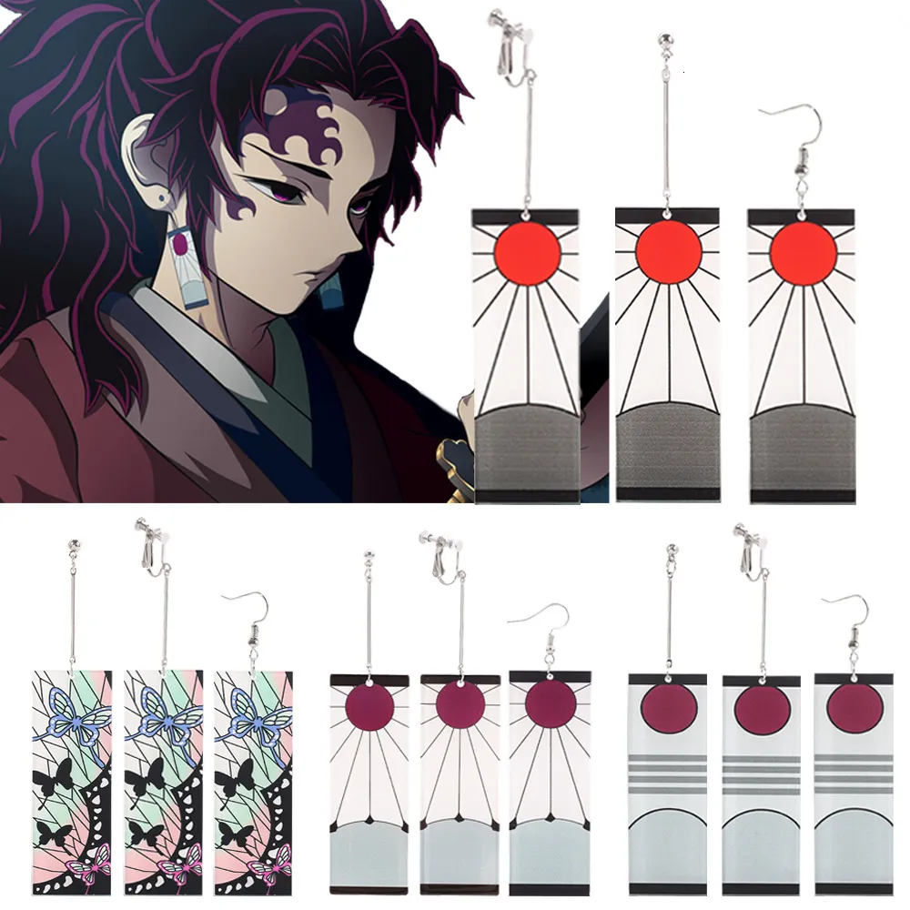 Ear Cuff Moda Acrílico Tanjiro Pendientes Demon Slayer Anime Cosplay Props Hanafuda Drop Long Brincos para mujeres Niñas Joyería 230830