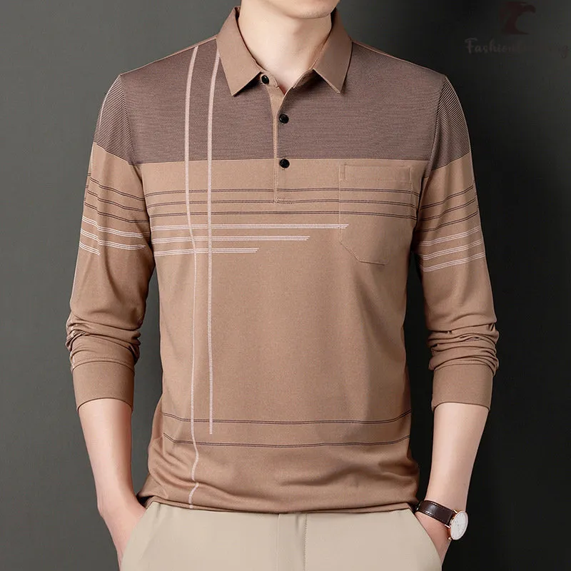 Herrpolos våren och hösten Men's Casual Long Sleeve Polo Shirt Man Collar Stripes T Shirt 230830
