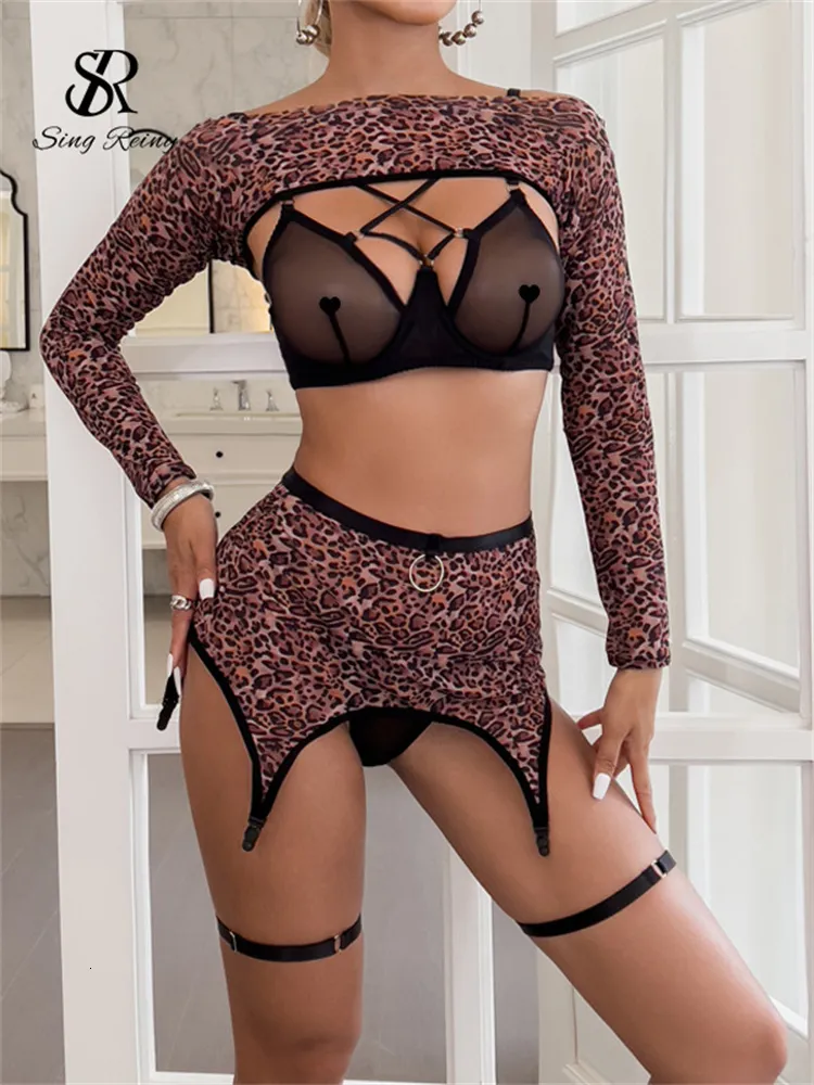 Zweiteiliges Kleid SINGREINY Mode Leopard Langarm Unterwäsche Sets Erotische Trägerloses Kreuz Korsett Dessous Frauen Bodycon Sexy BH Slips Anzüge 230830