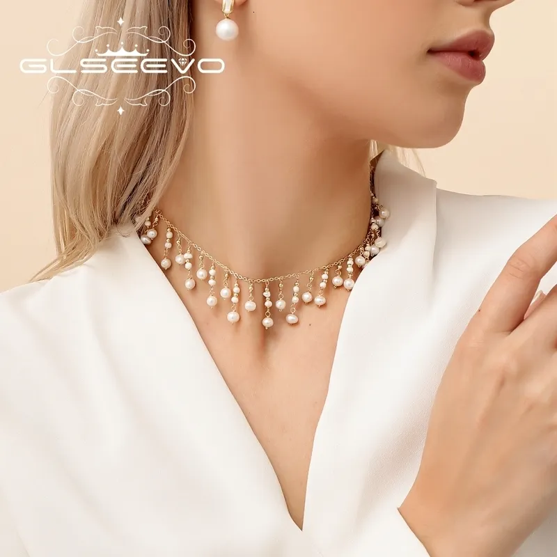 Pendant Necklaces GLSEEVO Natural Fresh Water Small Pearl Necklace Luxury For Women Wedding Engagement Tassel Chain Choker Fine Jewellery GN0224 230831