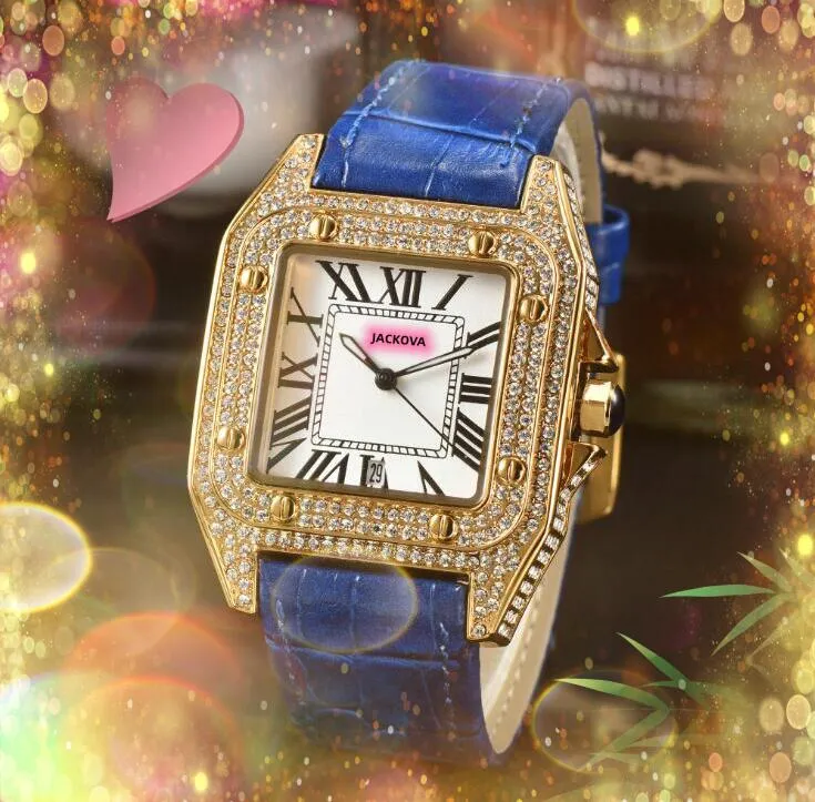 Célèbre carré romain cadran de réservoir amoureux montre de luxe plein diamants bague boîtier horloge bracelet en cuir véritable japon mouvement à quartz trois broches concepteur super montres cadeaux