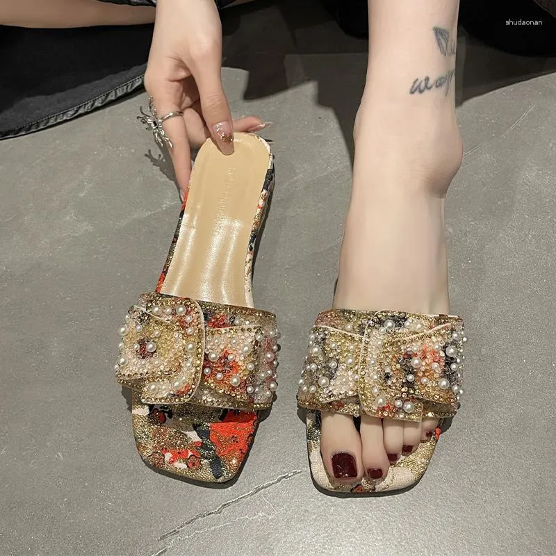 Slippers 2023 Bow Crystal Low Heels Women Shoes Summer Slingbacks Sandals Party Dress Slides Flip Flops Mujer Zapatillas