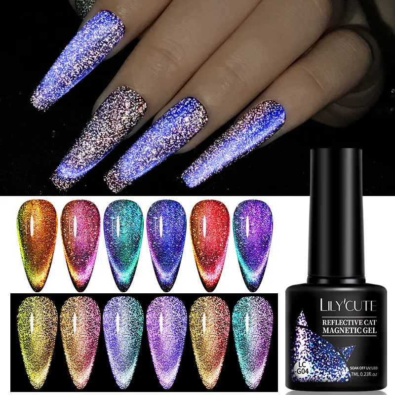 Cat's Eye Gel Set Magnetic Gel Nail Polish Neon Pop Glitter Variety Gel 9d Cat's Eye Nail Polish UV/LED Gel for Nail Salon or DIY at Home 6 Colors 7ML Soak Off Gel