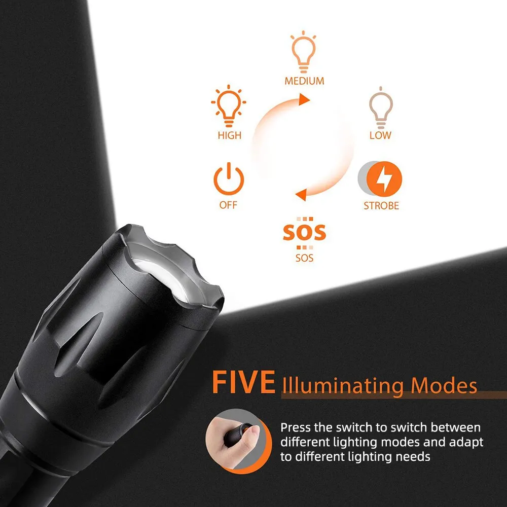 High Power Led Flashlights Camping Torches 5 Lighting Modes Aluminum Alloy Zoomable Light Waterproof Material Use 3 AAA Batteries
