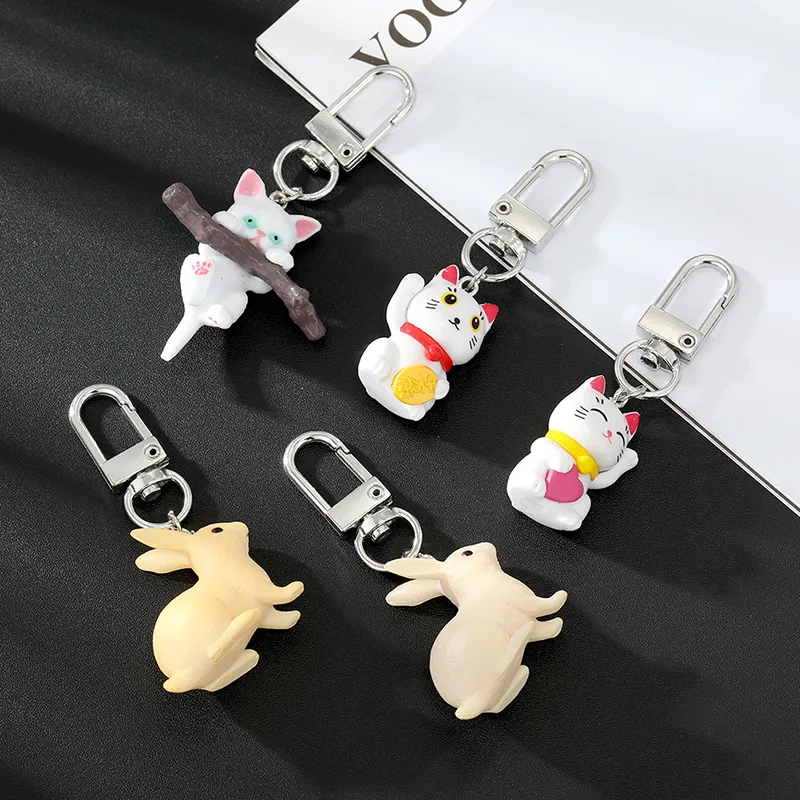 Cute Animal Cat Bite Branch Keychain Keyring For Women Men Kids Gift Cartoon Lucky Cat Rabbit Phone Charms Car Bag Jewelries 1PC