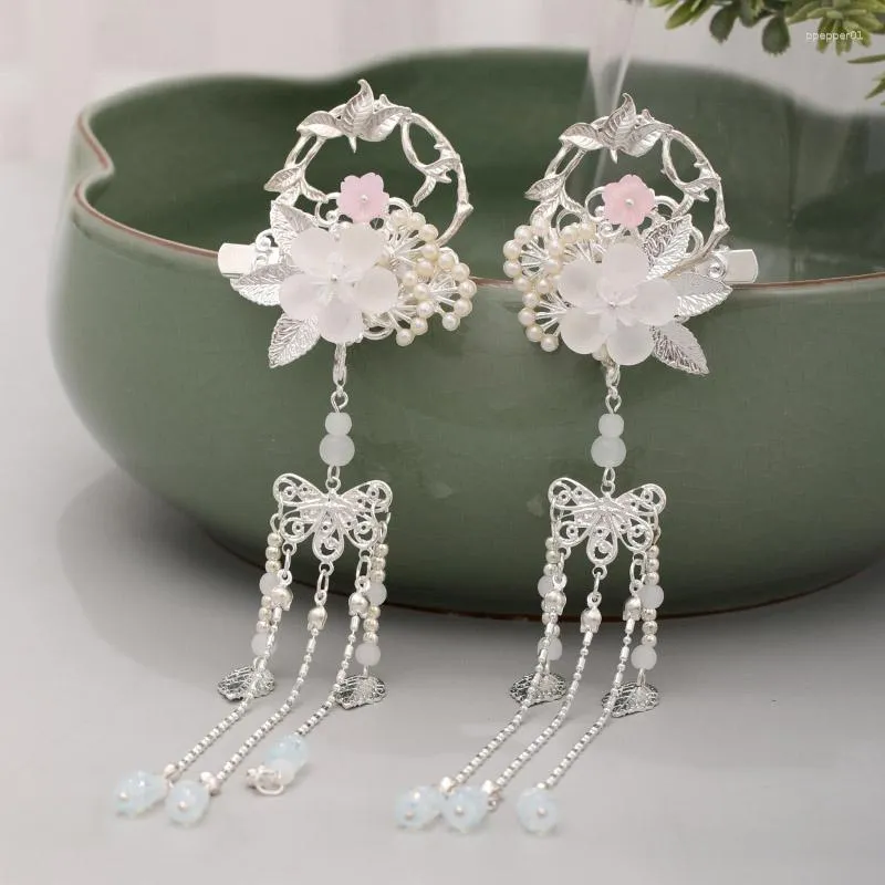 Hårklämmor Forseven Silver Color Retro Flower Leaf Pearls Long Tassel Pendant Chinese Hairpins Headpieces For Women Girls Hanfu Dress