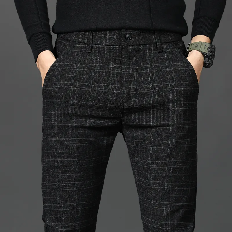 Mens Pants Black Plaid Byxor Spring och Autumn Fashion Slim Men Grey Stripe Slacks 2838 Pantalones Hombre 230830