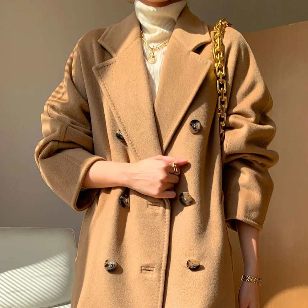 Women's Wool Blends 101801 Cashmere Coat Women's Autumn and Winter Thicked Mid Length Loose and Slim Double Breasted High End Luxury Woolen Coat 230830