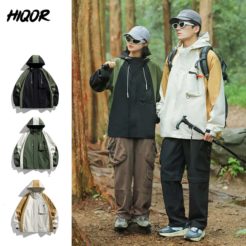 Herrgravrockar Hiqor Autumn Windbreak Dwaterproof Jacket Män utomhusjackor för avslappnad gata huvtröja Löst camping kappa kvinnor par stil 230831