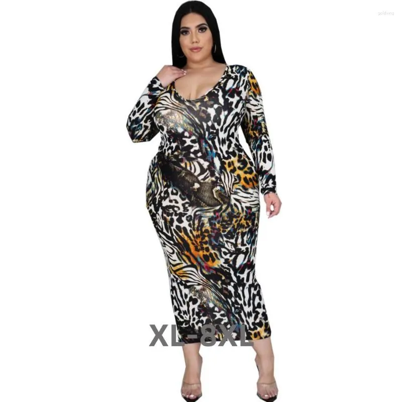 Plus Größe Kleider Frauen Kleid Drucken Volle Hülse V-ausschnitt Stretchy Bodycon Dünne Vintage Mode Vestidos Herbst 3xl 4xl 5xl 6xl