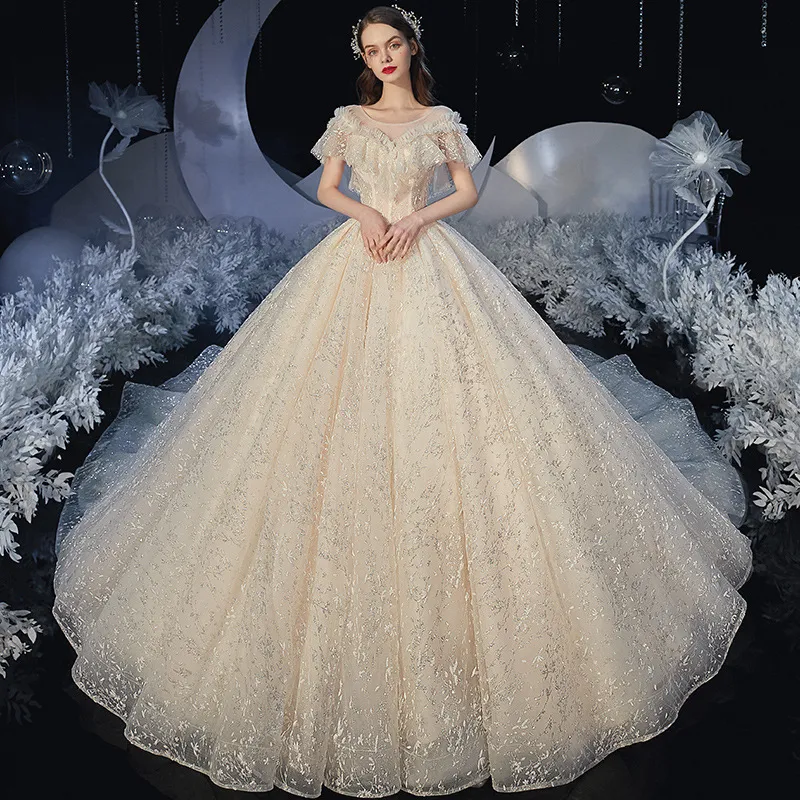 Princesse robe brillante robes de mariée à vendre 2023 dentelle pure col rond sur mesure style vintage pas cher modeste femmes robes de bal de mariée bling dentelle appliques robes de mariée