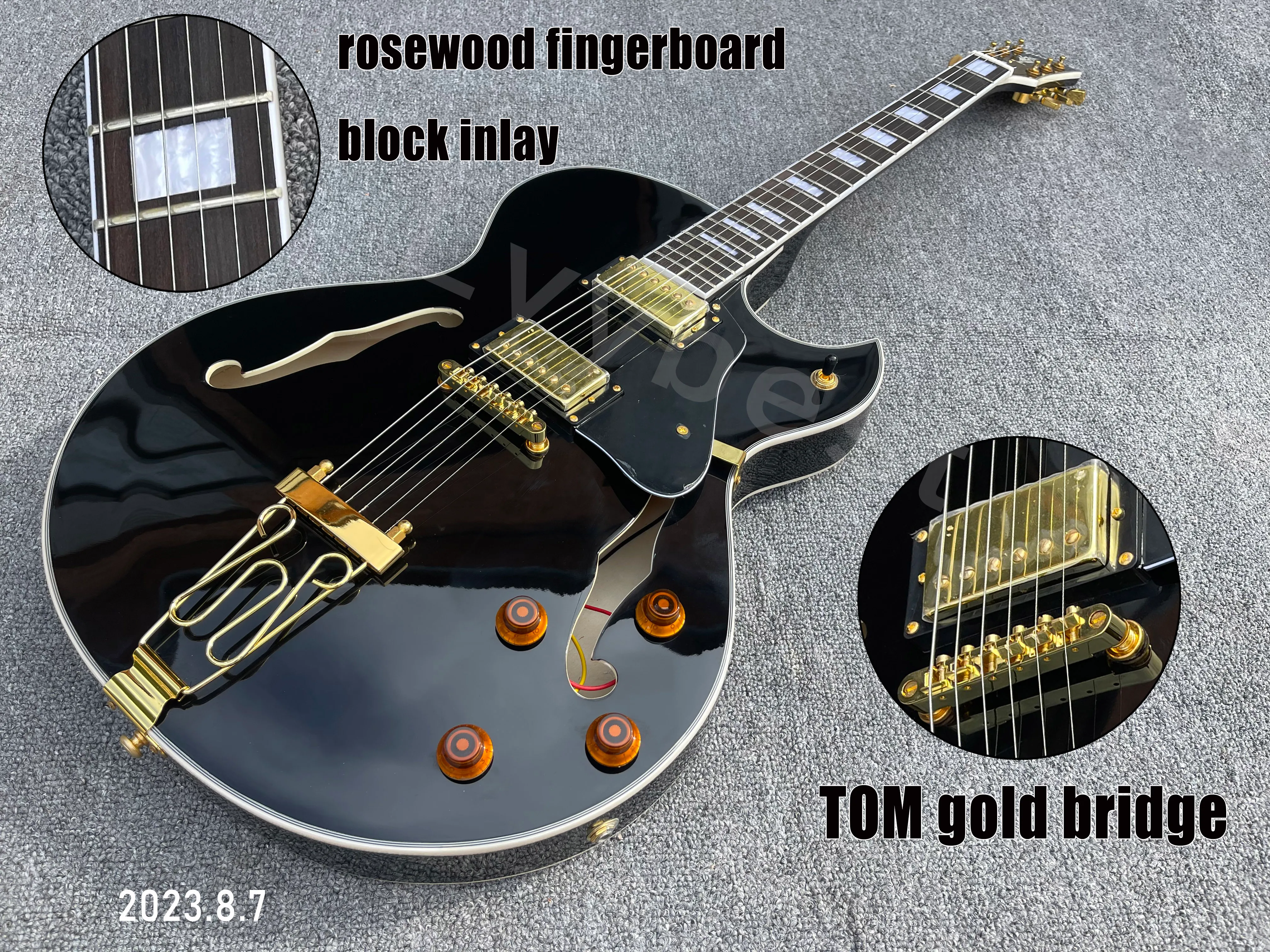 Corpo oco jazz guitarra elétrica sólido preto hh tampa de ouro captadores ponte instalação direta no corpo cauda longa peças de ouro rosewood fingerboard