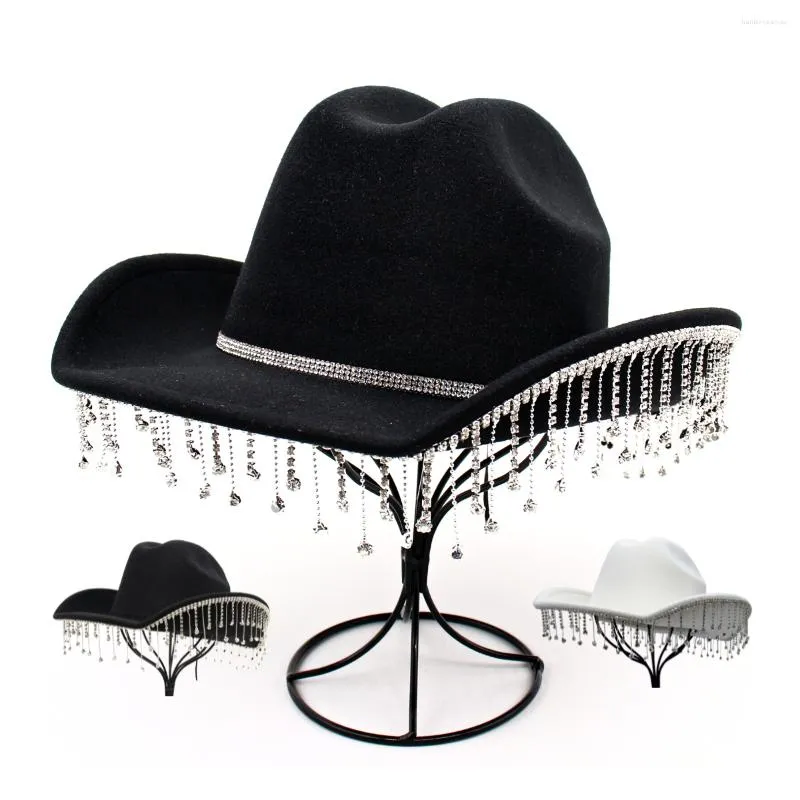 Bérets Fluorescent Coloré Gland Chapeau De Cowboy Pour Femmes Strass Frange Noir Western Cowgirl Chapeaux Mariée Cristal Solide Robe De Soirée