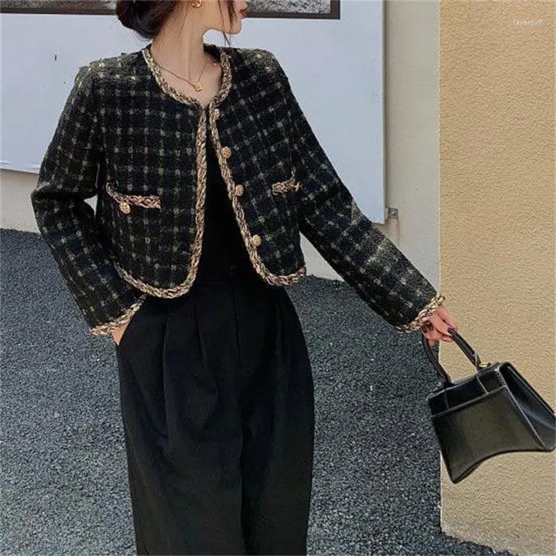 Jaquetas femininas moda preto tweed jaqueta primavera outono chaqueta mujer vintage casaco feminino verde xadrez roupas de lã