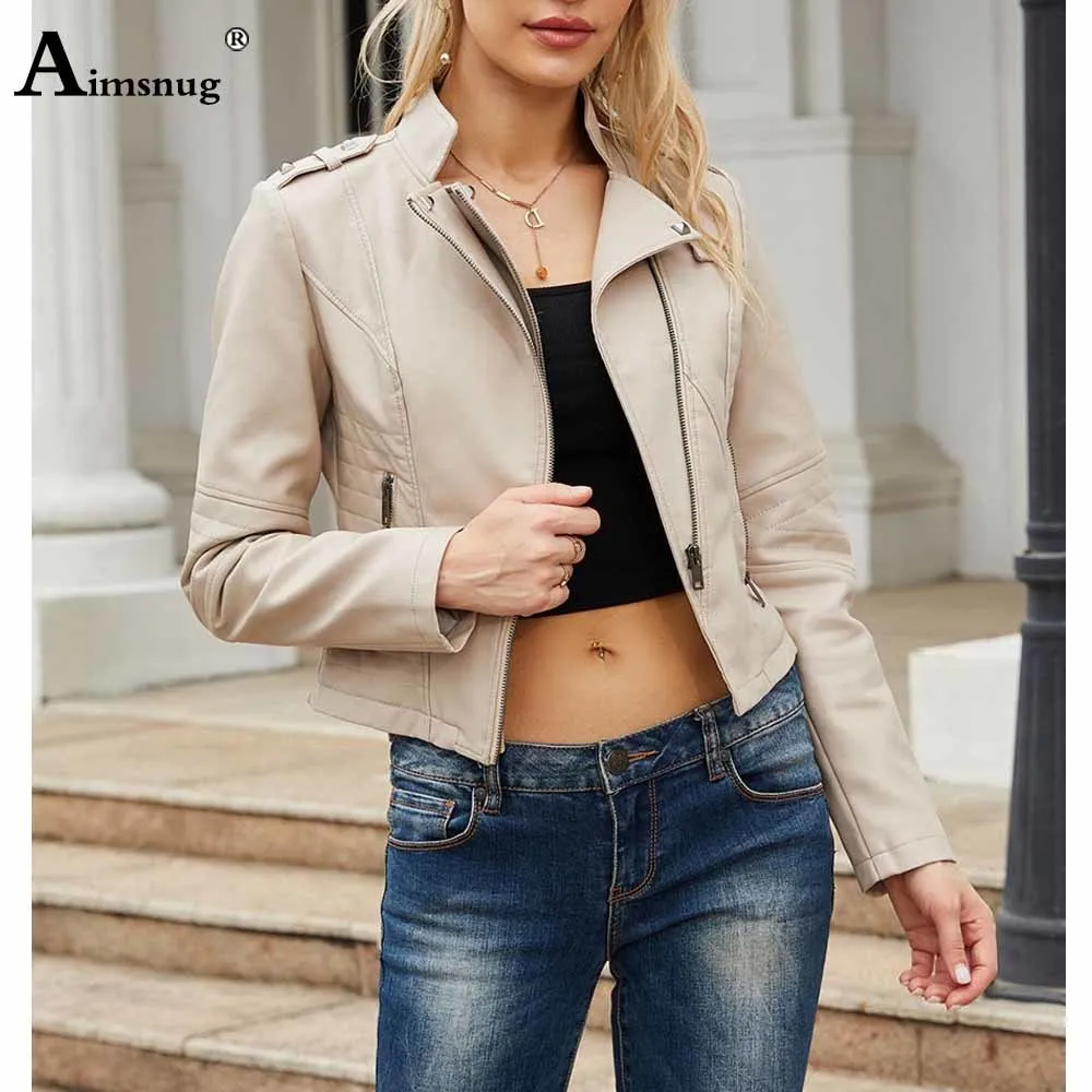 Chaquetas de cuero de imitación para mujer Aimsnug Spring Pu Chaquetas de talla grande para mujer Tops de moda Prendas de abrigo Abrigos de ciclo de moto delgados Chaqueta corta con cordones 230831