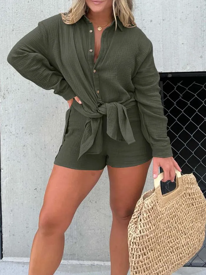 Women's Shorts 2023 Long Sleeve Shirt 2 Piece Sets Women Cotton Tops Blouse And Loose High Waist Suit Fashion Casual Outfits