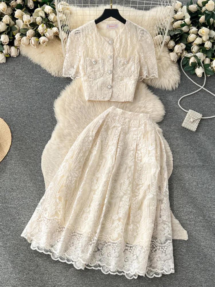 Korean Fragrance Style Lace two piece dress Set with Hook and Flower Detailing - Short Sleeve Shirt and Midi Skirt - Perfect Summer Outfit for Women (