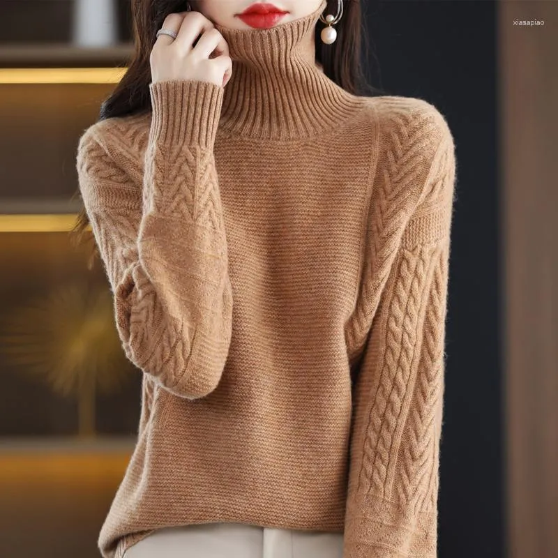 Women's Sweaters Pure Wool Sweater Turtleneck Cable Flower Loose Lazy Wind Jacquard Autumn Winter Thickened Outer Wear Inner Knitted Top