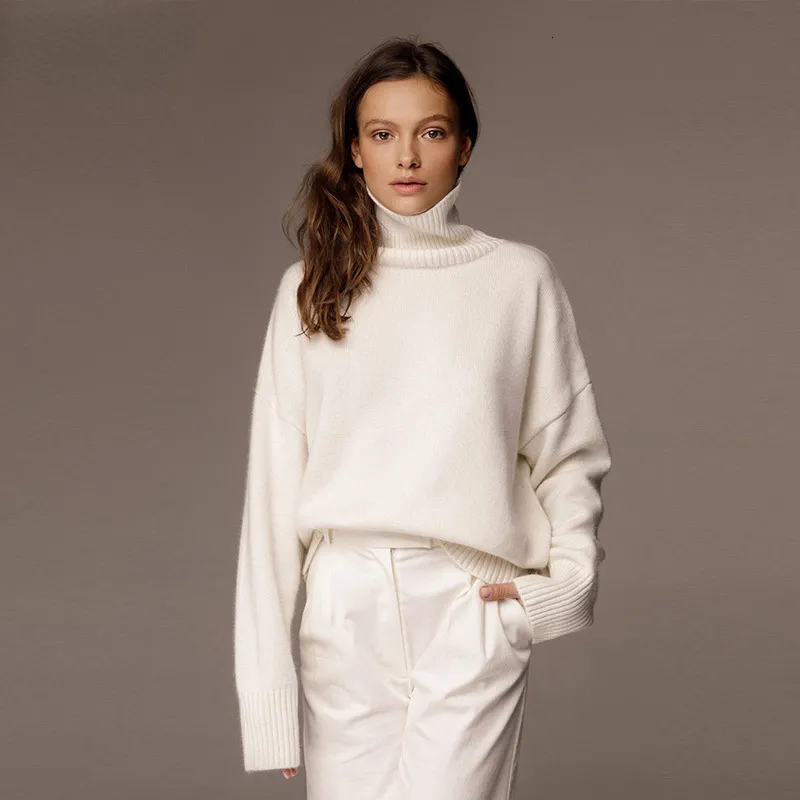 Suéteres femininos quentes outono inverno camisola gola alta branco solto oversized malha pulôver casual malhas macio topo 230831