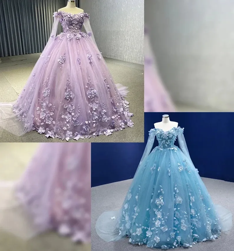 Lila klänningar med kappa wrap cape blommor älskling snörning korsett prinsessklänning vestidos de quinceanera estidos para 15 nera 2024 328 328