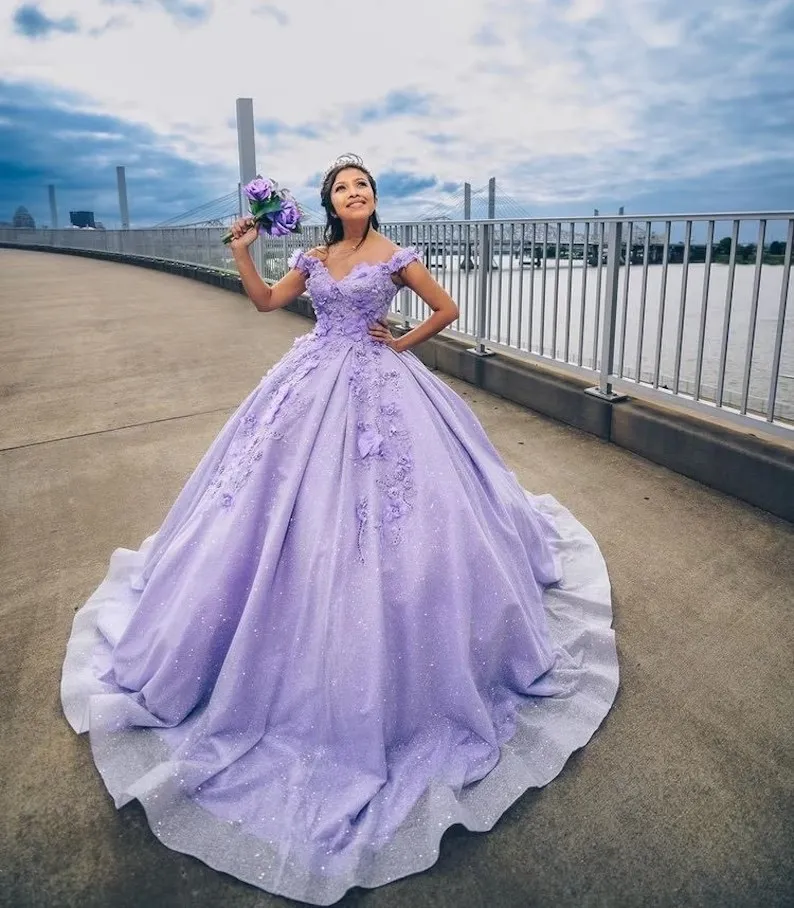 Violet Quinceanera Robes Princesse Chérie 3D Fleur Paillettes Robe De Bal avec Appliques Doux 16 Débutante Fête Anniversaire Robes De 15 Anos 06