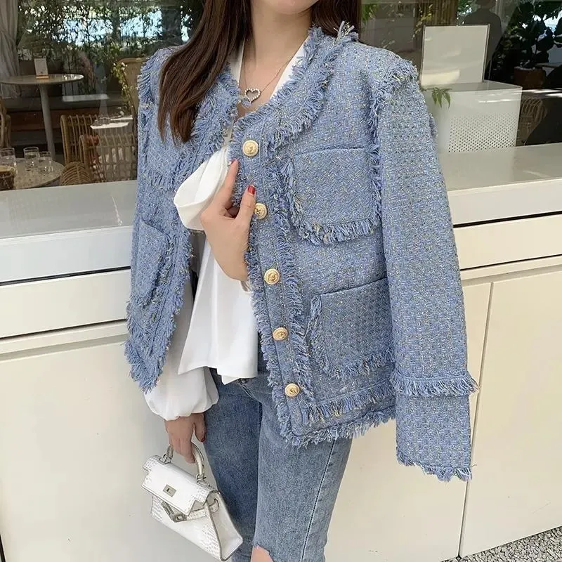 Giacca da donna in misto lana chic invernale con frange di tweed e perline Cappotto di lana blu femminile di alta qualità 230831