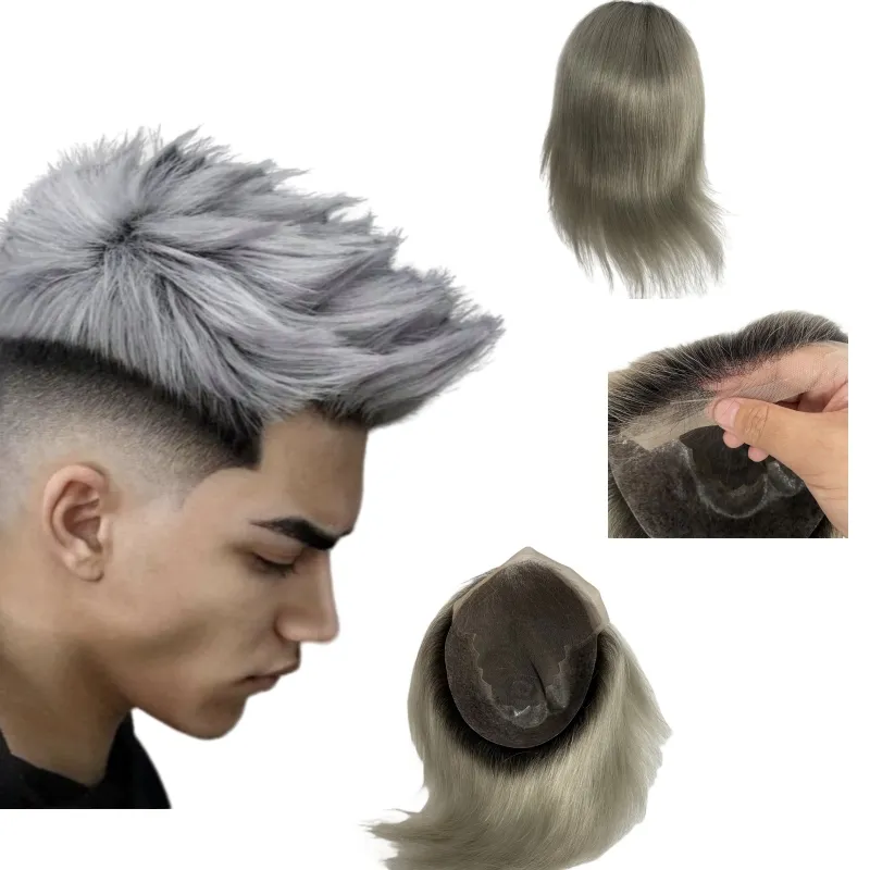 Straight Ombre Silver Grey Human Hair Toupee for Men T1bGrey 8x10 Q6 Front Lace Unit