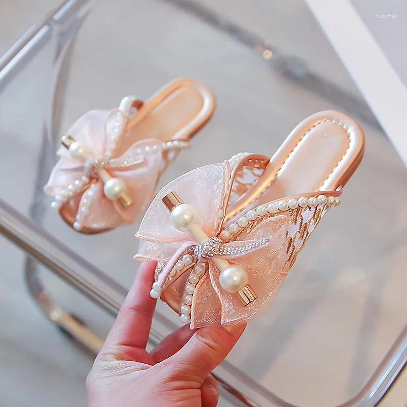 Pantofola rosa fiocco in maglia perla punta aperta pantofole tutto-fiammifero per gonna 2023 moda per bambini dolce principessa sandali piatti casual ragazze