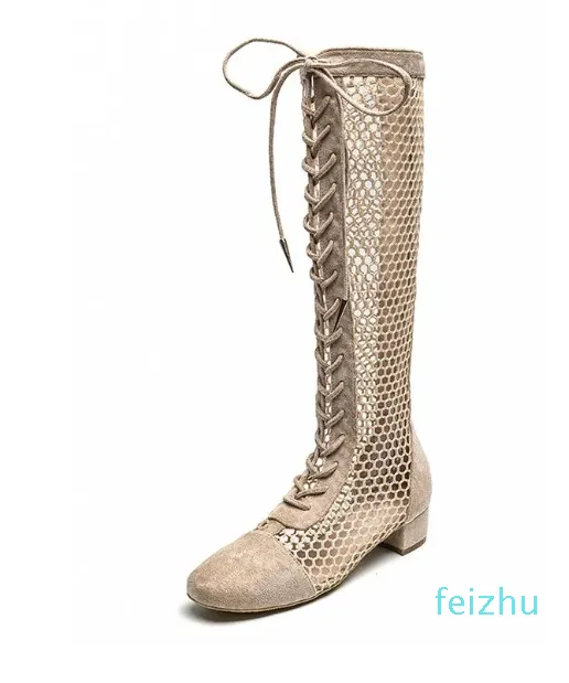 Botas Estilo Quadrado Malha Respirável Verão Cool Back Zip Sexy Mulheres Couro Chunky Saltos Alto Mujer