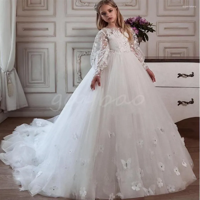 Robes de fille 3d papillon dentelle Tulle gonflé fleur Applique première Communion fête bal princesse robe demoiselle d'honneur tenue de mariage