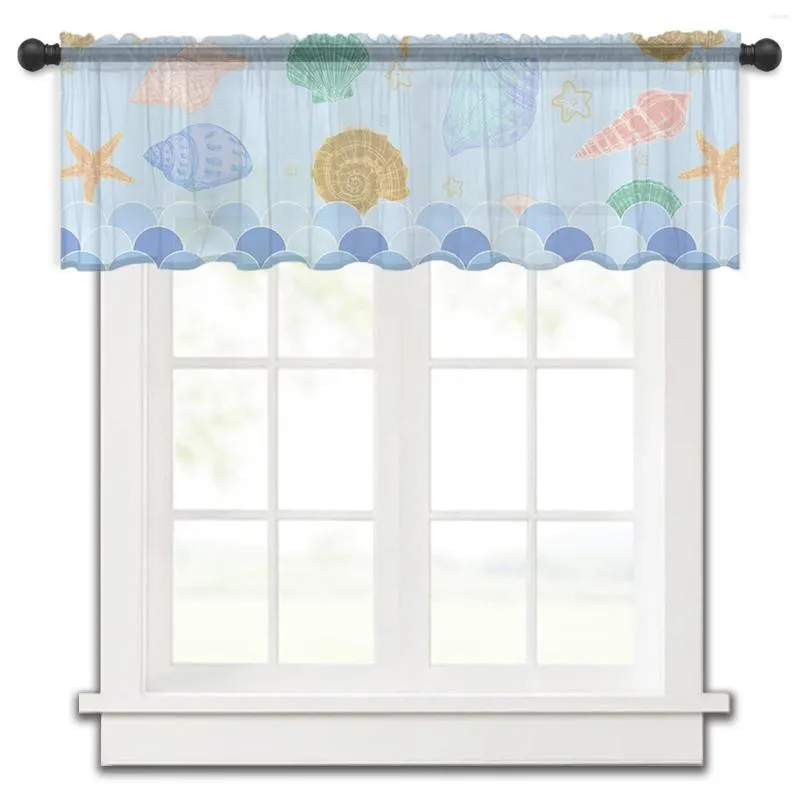 Cortina con concha de océano, estrella de mar, tul, cocina, ventana pequeña, cenefa transparente corta para dormitorio, sala de estar, decoración del hogar, cortinas de gasa