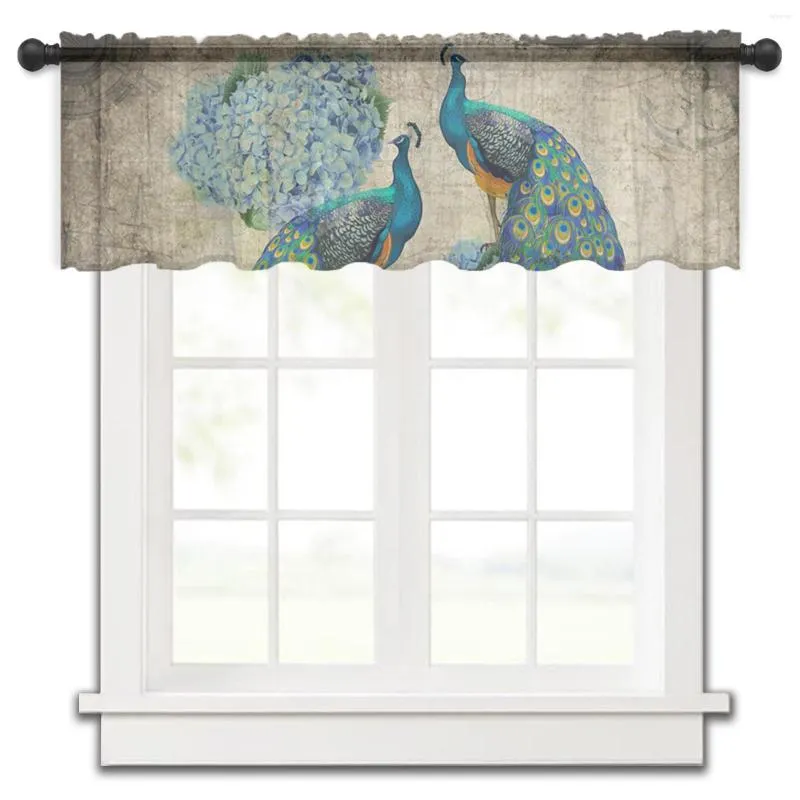 Vorhang, Pfau, Hortensie, Retro-Stil, Küche, kleines Fenster, Tüll, durchsichtig, kurz, Schlafzimmer, Wohnzimmer, Heimdekoration, Voile-Vorhänge