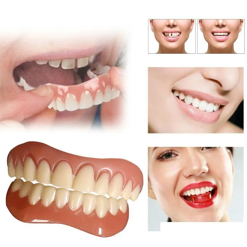 Altro Igiene orale Sile Superiore Inferiore Denti finti Cosmetici Perfetti Impiallacciature per risate Protesi Incolla Strumenti Sorriso istantaneo falso 221114 Drop D Dh5Hy