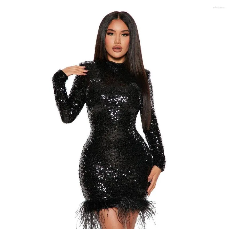 Casual Dresses Cutubly Sparkly Sequin Feather Party Vestidos Chic Y2k Outfit O-neck Turtleneck Dress For Womens Long Sleeve Ins