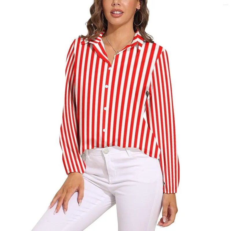 Custom Red And White Striped Slimming Blouse For Women Long Sleeve