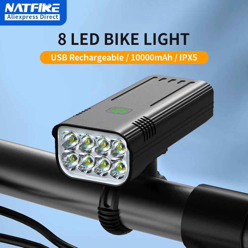 Cykelbelysning Natfire 8 LED -lampan 100006400mah USB -uppladdningsbar strålkastare Super Bright Ficklight Front and Bak Bak Light 230830