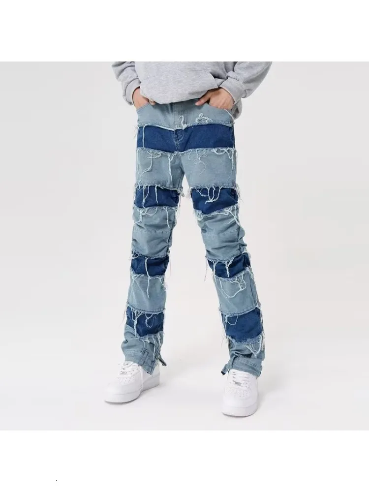 Men's Jeans Washed Damaged Patchwork Inner Side Zip Up Jeans Men's High Street Y2k Jean Baggy Hip Hop Contrast Color Straight Vintage Jeans 230830