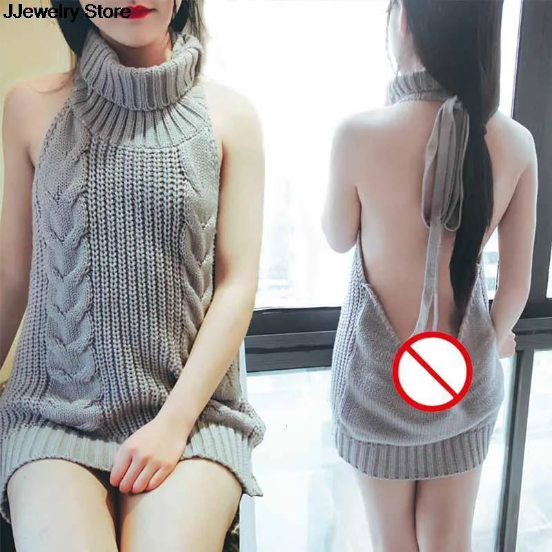 Kadın Sweaters Belvtleneck kolsuz uzun bakire katil süveter Japonya örgü seksi arkalık ve kazak 230830