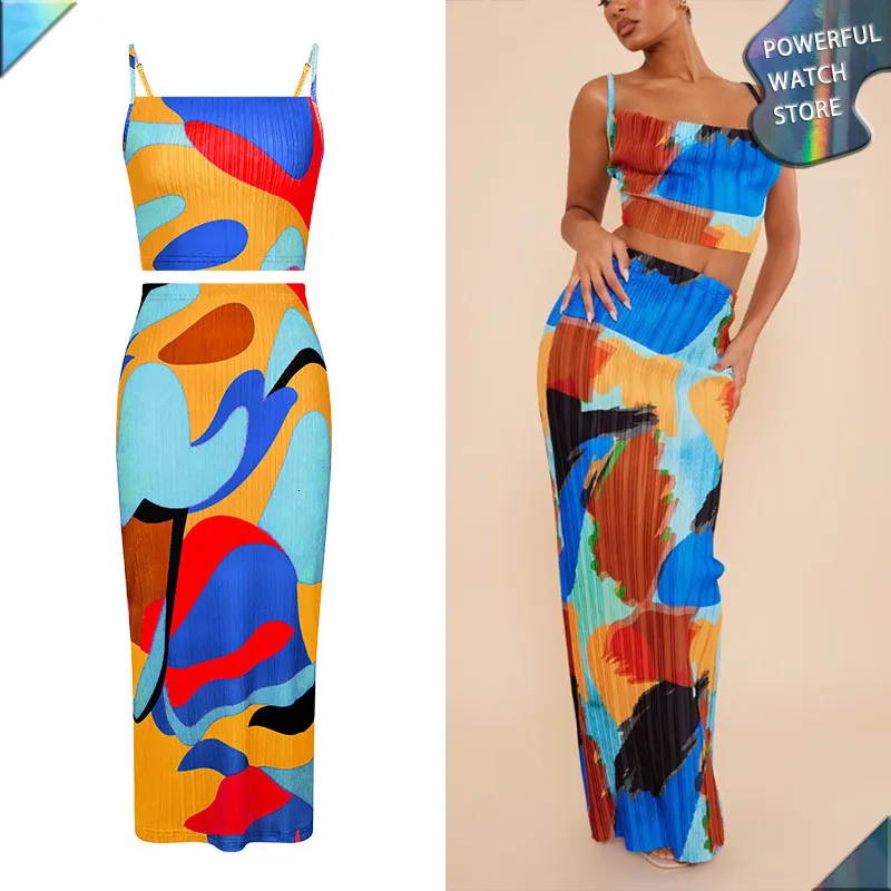 Vestido de duas peças 2023 verão moda sexy impressão slim fit envoltório hip meia saia sem mangas 2pcs conjunto pintura colorida férias praia sun terno 230830